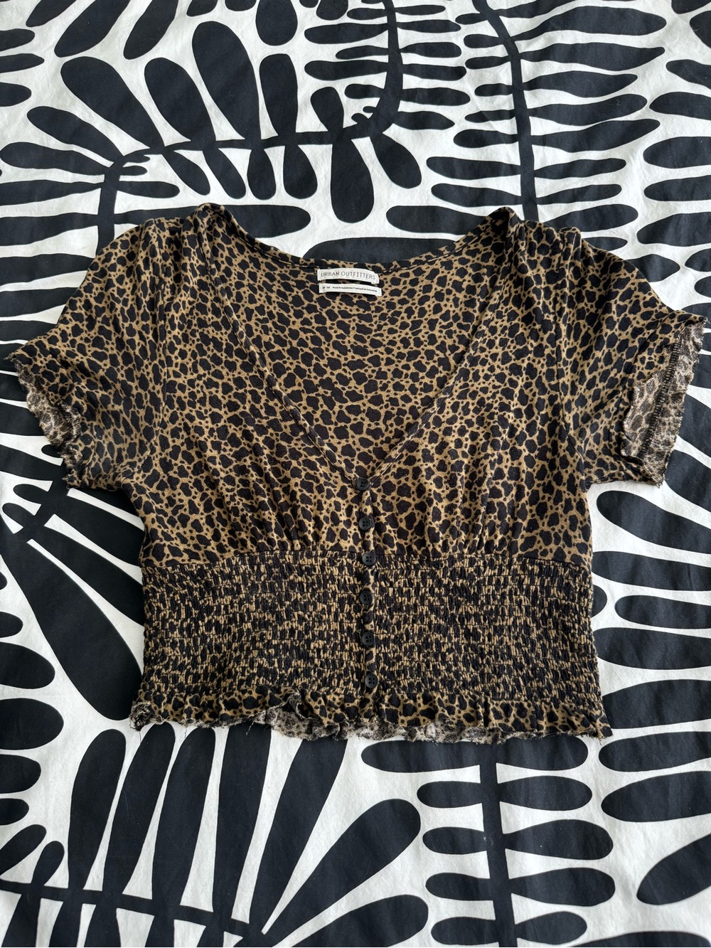 Urban Outfitters Black and Brown Leopard Smocked V-Neck Crop Top